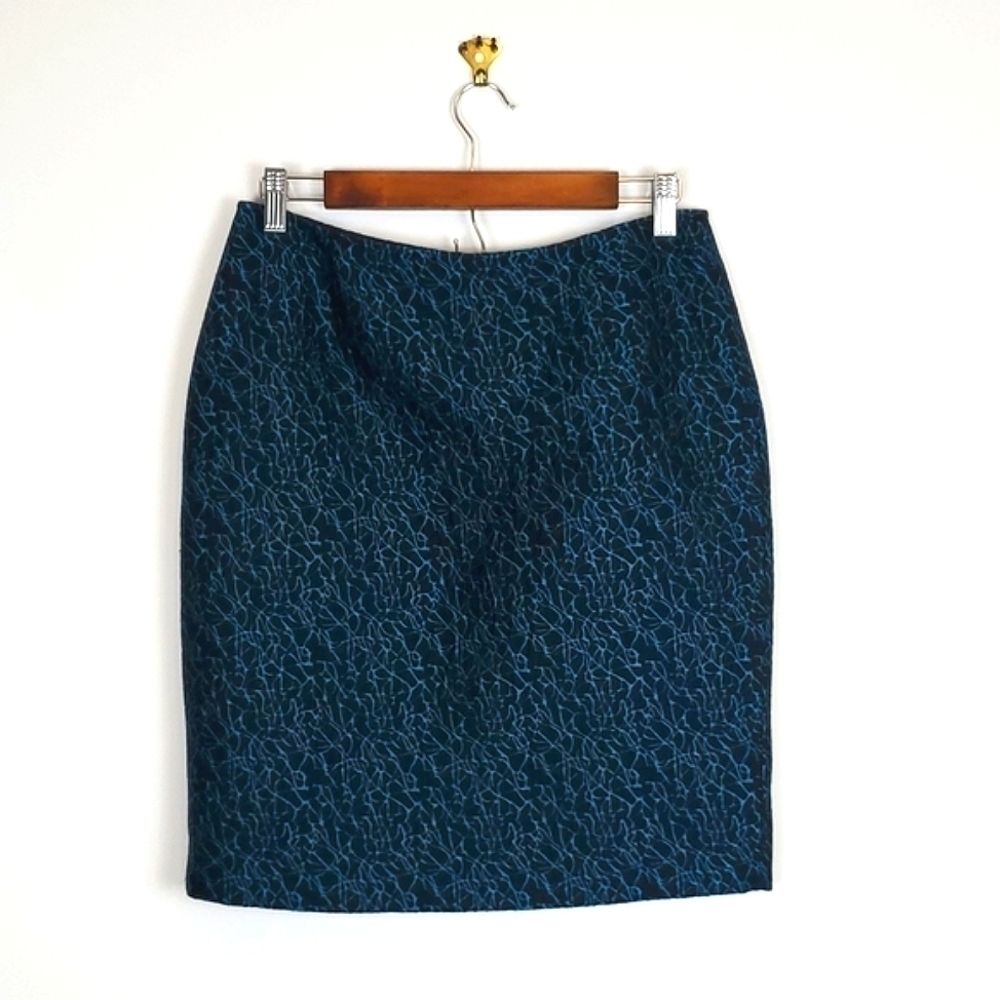 Doncaster Collection Black and Teal‎ Textured Wool Blend Pencil Skirt